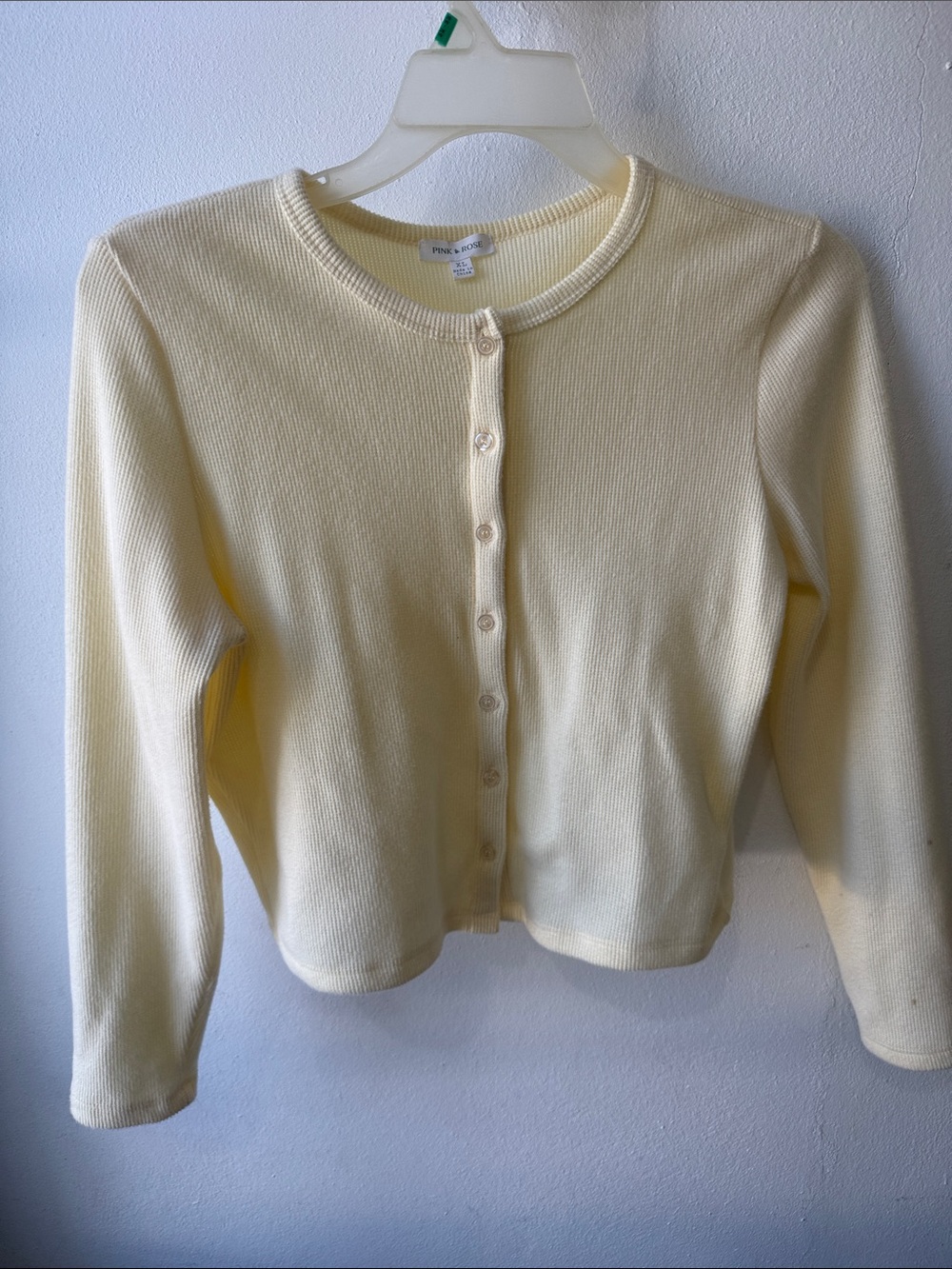 Pink Rose Soft Pale Yellow Ribbed Button-Front Cardigan